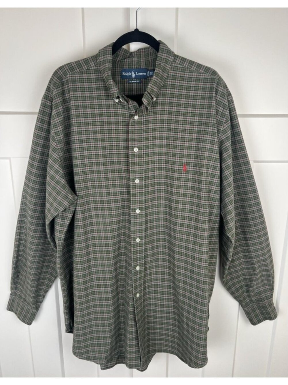Ralph Lauren Classic Fit Button Down Shirt Mens XLT Tall Sage Green Plaid Cotton